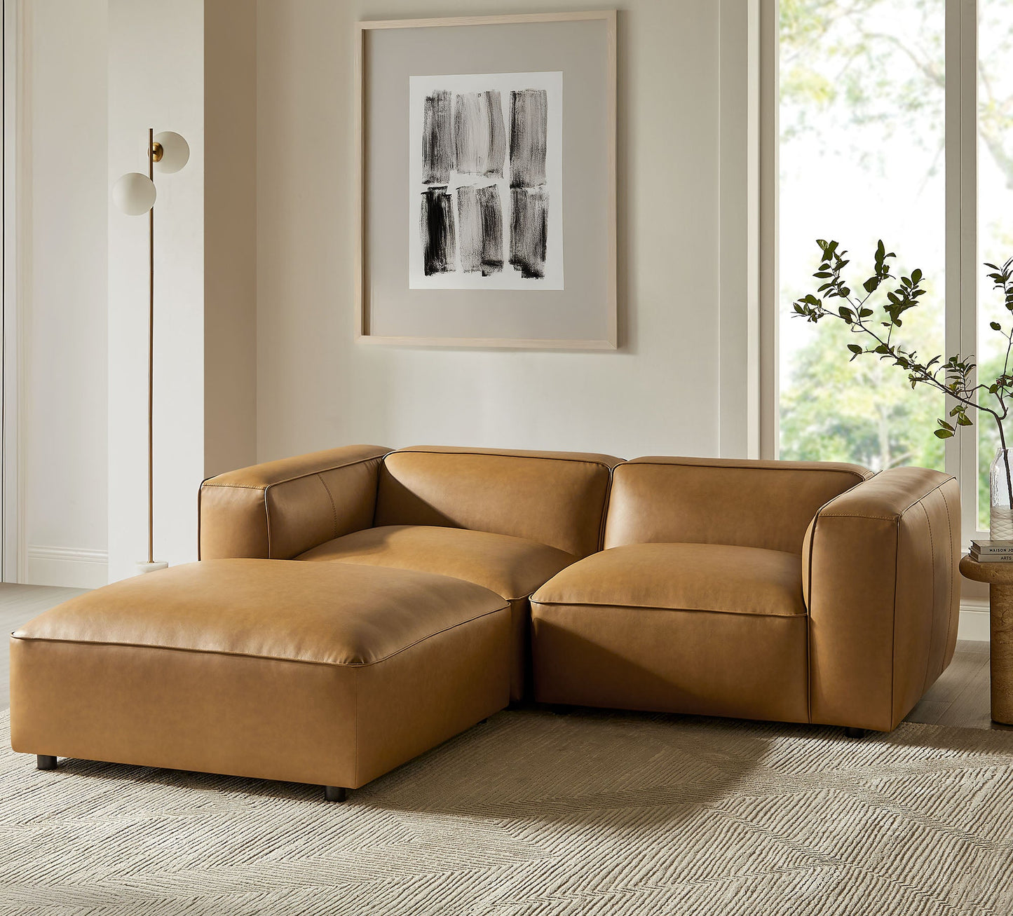 Auren 3-Piece Upholstered Vegan Leather Modular Loveseat with Ottoman by Modway