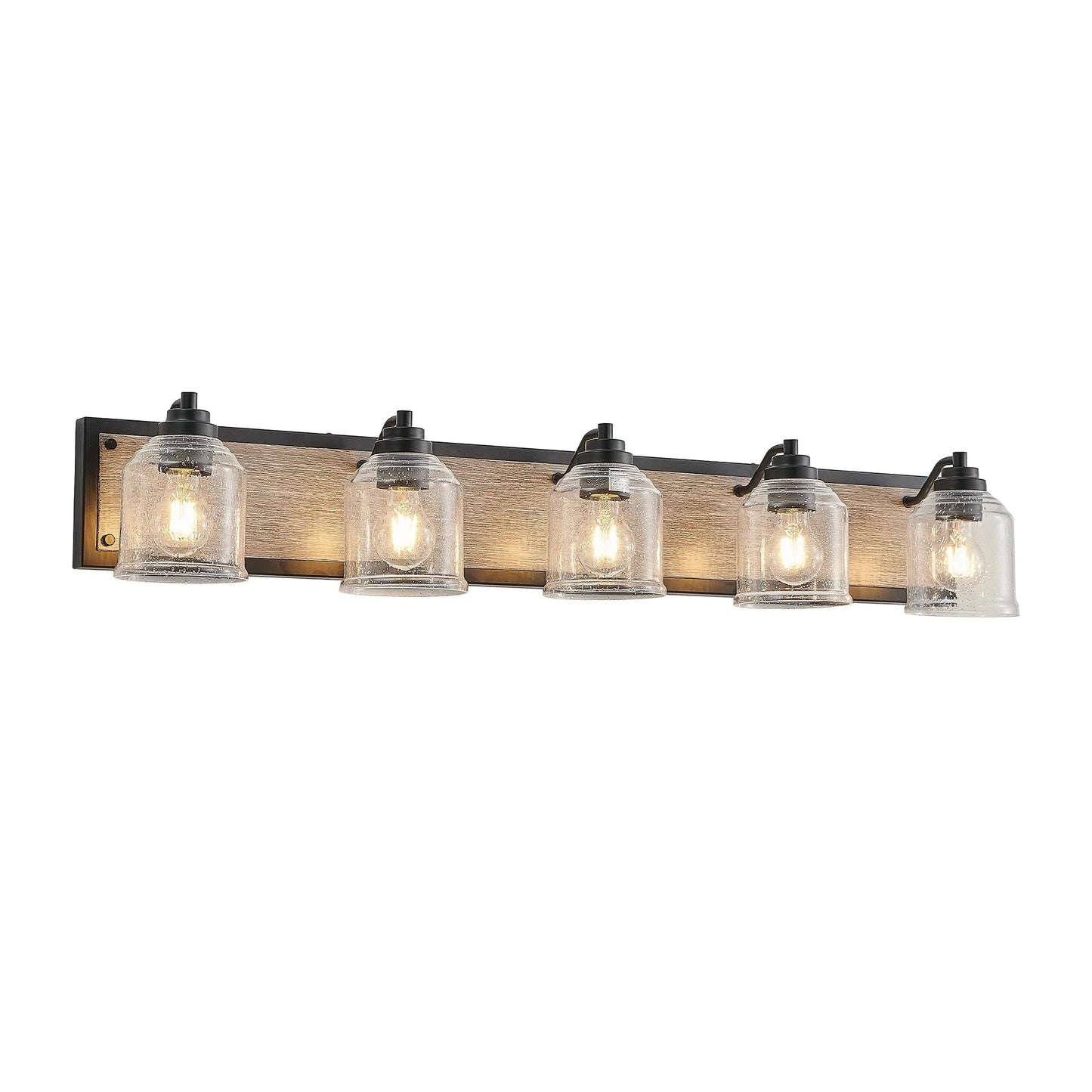 Farmhouse Vanity Light Fixture | 3/4/5/6-Light Bathroom Wall Sconce with Clear Seeded Glass Shades & Antique Wood Backplate