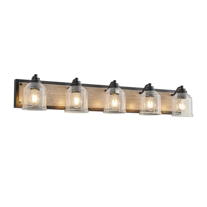 Farmhouse Vanity Light Fixture | 3/4/5/6-Light Bathroom Wall Sconce with Clear Seeded Glass Shades & Antique Wood Backplate