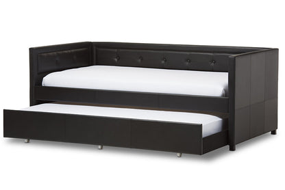 Baxton Studio Frank Modern and Contemporary Black Faux Leather Button-Tufting Sofa Twin Daybed with Roll-Out Trundle Guest Bed