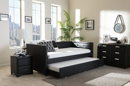 Baxton Studio Frank Modern and Contemporary Black Faux Leather Button-Tufting Sofa Twin Daybed with Roll-Out Trundle Guest Bed