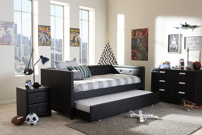 Baxton Studio Frank Modern and Contemporary Black Faux Leather Button-Tufting Sofa Twin Daybed with Roll-Out Trundle Guest Bed