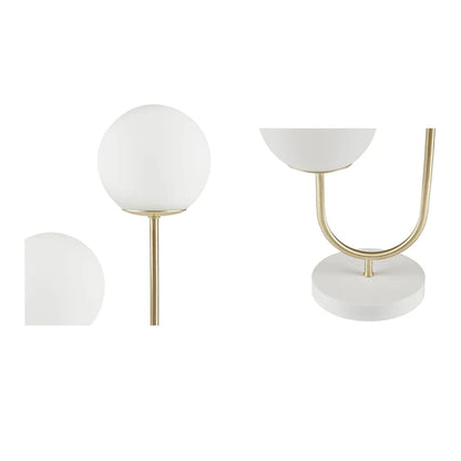 2-Light Frosted Glass Globe Table Lamp – Gold Brass Curved Stand & White Round Base | Modern Bedside & Desk Lamp