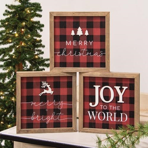 Joy to the World Buffalo Check Box Sign 3 asstd.  (Pack of 4)