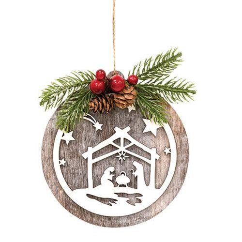 Wooden Nativity Ornament w/Pine (Pack of 4)