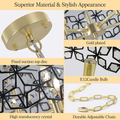 Modern K9 Crystal Geometric Chandelier | 5-Light Black & Gold Round Pendant Light — 19"–39" Adjustable, Dining Room, Living Room & Bedroom