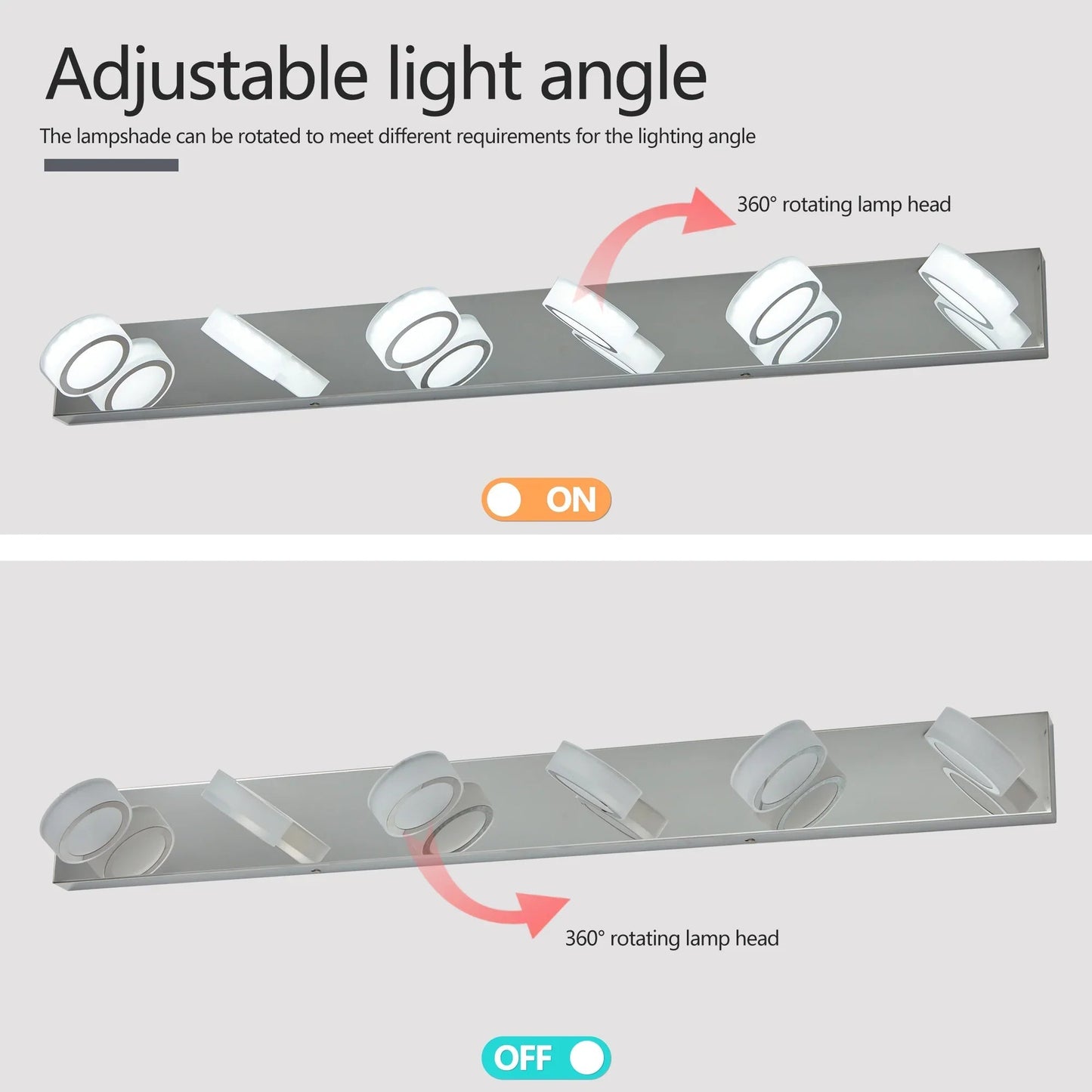 LED Vanity Light Fixture | 3/4/5/6/7-Light Chrome Bathroom Wall Sconce with 360° Rotatable Heads & Frosted Acrylic Shade — Dimmable, 36W