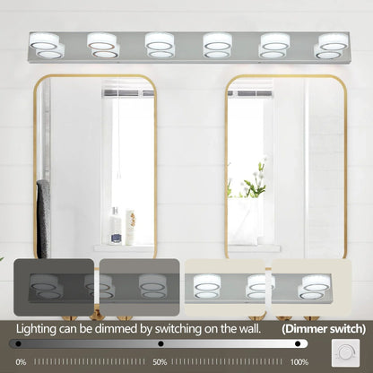 LED Vanity Light Fixture | 3/4/5/6/7-Light Chrome Bathroom Wall Sconce with 360° Rotatable Heads & Frosted Acrylic Shade — Dimmable, 36W