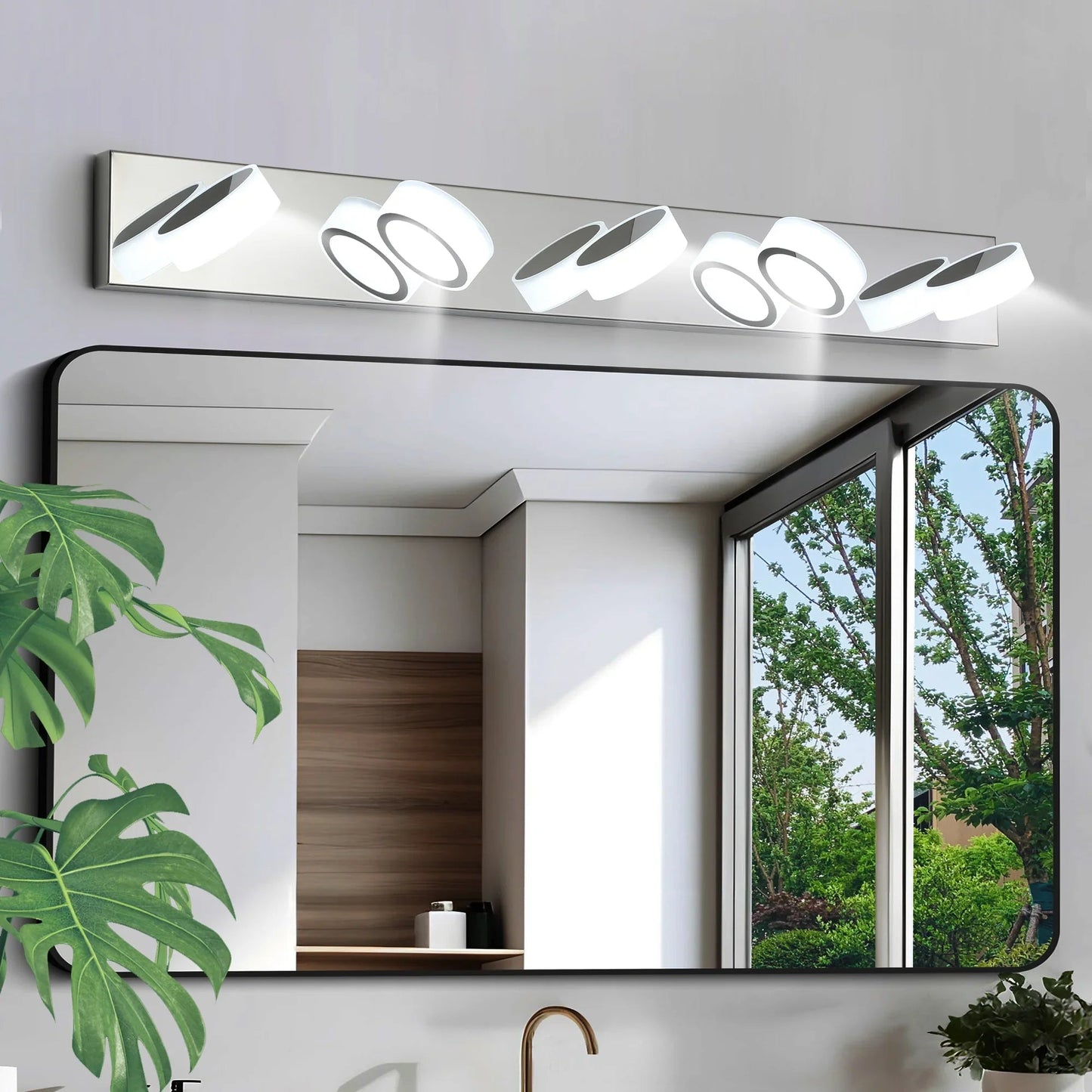 LED Vanity Light Fixture | 3/4/5/6/7-Light Chrome Bathroom Wall Sconce with 360° Rotatable Heads & Frosted Acrylic Shade — Dimmable, 36W