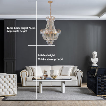 21.7" Large K9 Crystal Chandelier | 10-Light Gold Luxury Pendant with Adjustable Height 40"–71" — Living Room, Foyer & Staircase