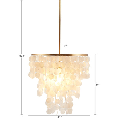 Layered Capiz Shell Chandelier | Coastal Pendant Light with Gold Base — 21" Wide, Dimmable, Dining Room, Living Room & Foyer