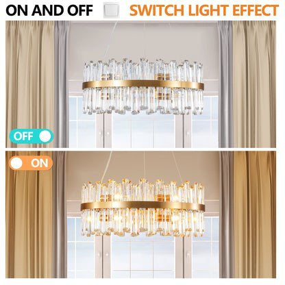 23.6" Modern K9 Crystal Chandelier | Built-In LED, 3 Color Temperatures, App & Remote Control — Gold, Dining Room & Living Room