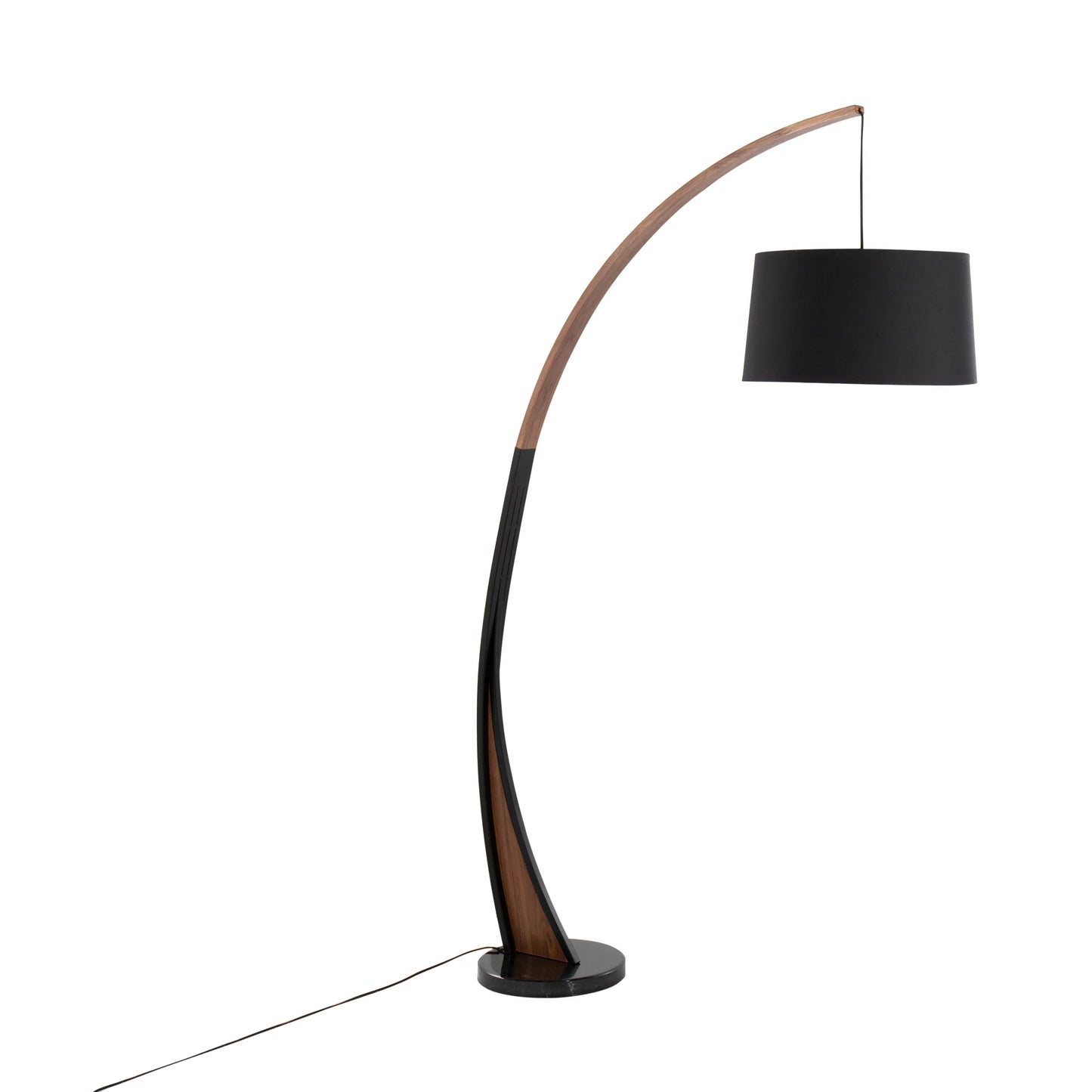 Mid-Century Modern Floor Lamp – Arched Walnut Wood Frame, Marble Base & Linen Drum Shade