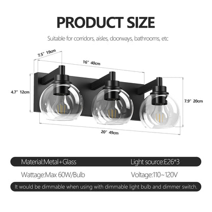 Matte Black Vanity Light | 3/4/5/6-Light Bathroom Wall Sconce with Clear Glass Shades & E26 Socket — Water-Resistant, Up or Down Mount