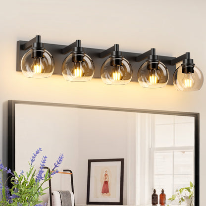 Matte Black Vanity Light | 3/4/5/6-Light Bathroom Wall Sconce with Clear Glass Shades & E26 Socket — Water-Resistant, Up or Down Mount