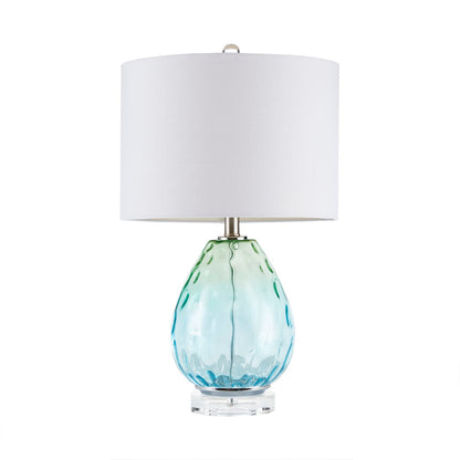 Ombre Glass Table Lamp – Blue Green & Dark Blue, White Drum Shade & LED Bulb Included | Modern Accent Lamp