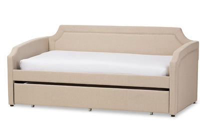 Baxton Studio Parkson Modern and Contemporary Beige Linen Fabric Curved Notched Corners Sofa Twin Daybed with Roll-Out Trundle Guest Bed