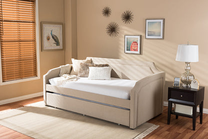 Baxton Studio Parkson Modern and Contemporary Beige Linen Fabric Curved Notched Corners Sofa Twin Daybed with Roll-Out Trundle Guest Bed