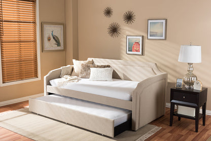 Baxton Studio Parkson Modern and Contemporary Beige Linen Fabric Curved Notched Corners Sofa Twin Daybed with Roll-Out Trundle Guest Bed