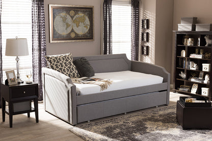 Baxton Studio Parkson Modern and Contemporary Grey Fabric Curved Notched Corners Sofa Twin Daybed with Roll-Out Trundle Guest Bed