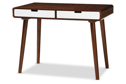 Baxton Studio Casarano Mid-century Modern Dark Walnut and White Two-tone Finish 2-drawer Wood Home Office Writing Desk