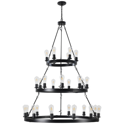 45" Retro Industrial Chandelier | 27-Light 3-Layer Black Farmhouse Pendant for High Ceiling Hall, Dining Room & Living Room — E26