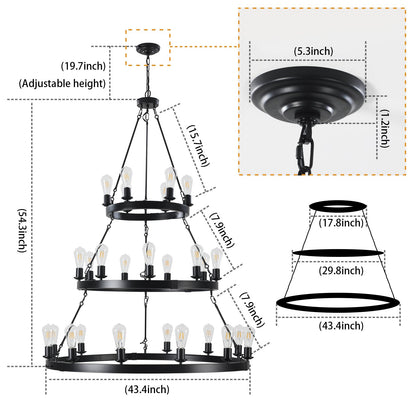 45" Retro Industrial Chandelier | 27-Light 3-Layer Black Farmhouse Pendant for High Ceiling Hall, Dining Room & Living Room — E26