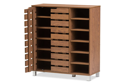 Baxton Studio Shirley Modern and Contemporary "Walnut" Medium Brown Wood 2-Door Shoe Cabinet with Open Shelves