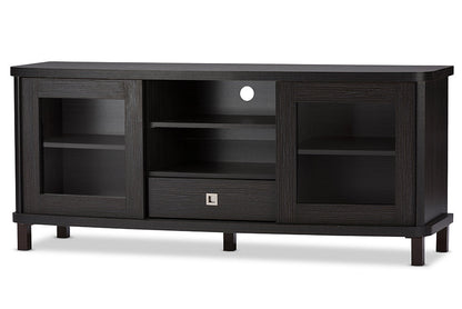 Baxton Studio Walda 60-Inch Greyish Dark Brown Wood TV Cabinet with 2 Sliding Doors and 1 Drawer