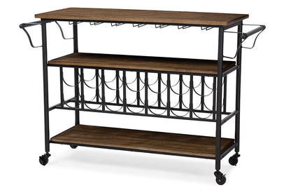 Baxton Studio Bradford Rustic Industrial Style Antique Black Textured Finish Metal Distressed Wood Mobile Kitchen Bar Serving Wine Cart