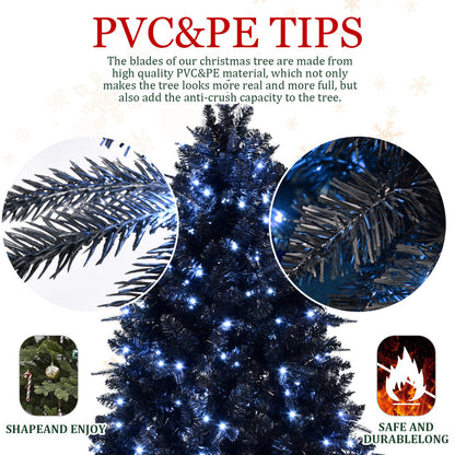 5 FT Black Christmas Tree with 250 White LED Lights | 1076-Tip PE+PVC Pre-Lit Artificial Tree for Halloween & Holiday Decor — Metal Stand Included