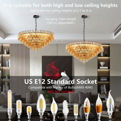Tiered Smoke Glass Chandelier | 14-Light Round or 12-Light Rectangular, Brushed Black or Gold Metal Frame — 37" or 54", Dimmable