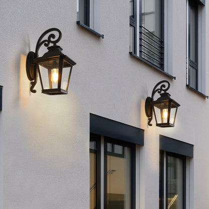 Vintage Black Outdoor Wall Lantern – 21" Farmhouse Sconce with Clear Glass & Scroll Detail