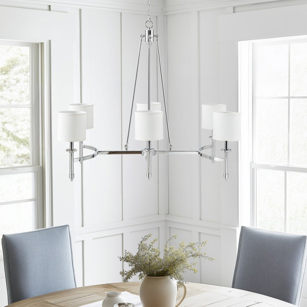 6-Light Drum Shade Chandelier | Bedford Collection Transitional Ceiling Light with Curved Frame — Chrome or Gold, 39.25" Wide