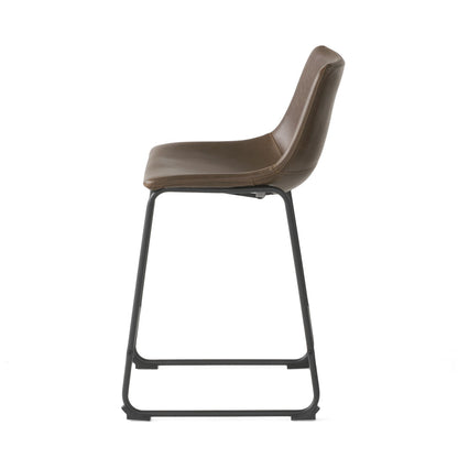 24" Vintage Brown Counter Stools with Wide Seat & Low Footrail | Set of 2 Upholstered Stools with Black Iron Frame