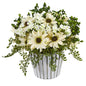 10" Mixed Daisy Artificial Arrangement in White Vase Silver Trimming
