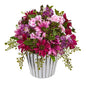 10" Mixed Daisy Artificial Arrangement in White Vase Silver Trimming