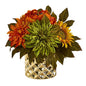 11" Peony, Dahlia and Sunflower Artificial Arrangement in Gold Vase