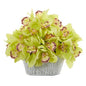 12" Cymbidium Orchid Artificial Arrangement in Tin White Vase