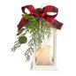 12" Holiday White Lantern With Berries, Pine and Plaid Bow Artificial Christmas Table Arrangement with LED Candle Included