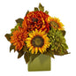 12" Peony, Dahlia and Sunflower Artificial Arrangement in Green Vase