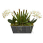 13" Orchid Phalaenopsis and Succulent Artificial Arrangement in Embossed Tin Vase