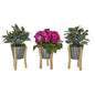 13" Rose and Olive Artificial Arrangement in Tin Vase with Legs (Set of 3)