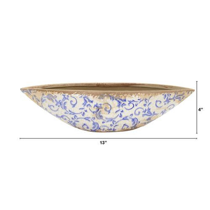 13" Tuscan Ceramic Blue Scroll Decorative Bowl
