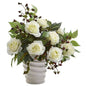 14" Rose and Mixed Greens Artificial Arrangement in White Vase