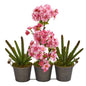 15" Cherry Blossom and Cactus Artificial Arrangement in Trio Metal Vase