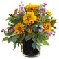 16" Dancing Daisy, Zinnia and Mixed Greens Artificial Arrangement in Black Vase
