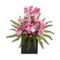 17" Cherry Blossom and Fern Artificial Arrangement in Black Vase