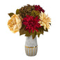 17" Peony, Hydrangea and Dahlia Artificial Arrangement in Stoneware Vase with Gold Trimming