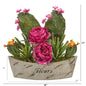 17" Peony, Succulent and Cactus Artificial Arrangement in Decorative Vase